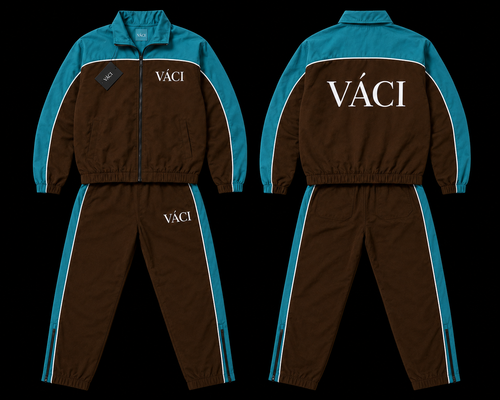 VACI brown and aqua tracksuit, front and back